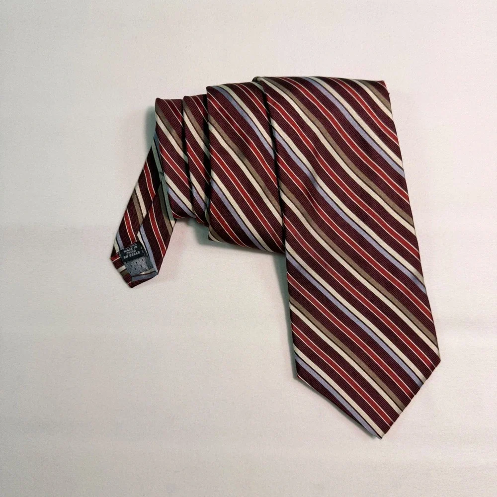 Insignia Mens Silk Necktie Burgundy Red Tan Blue Striped Formal Business Tie